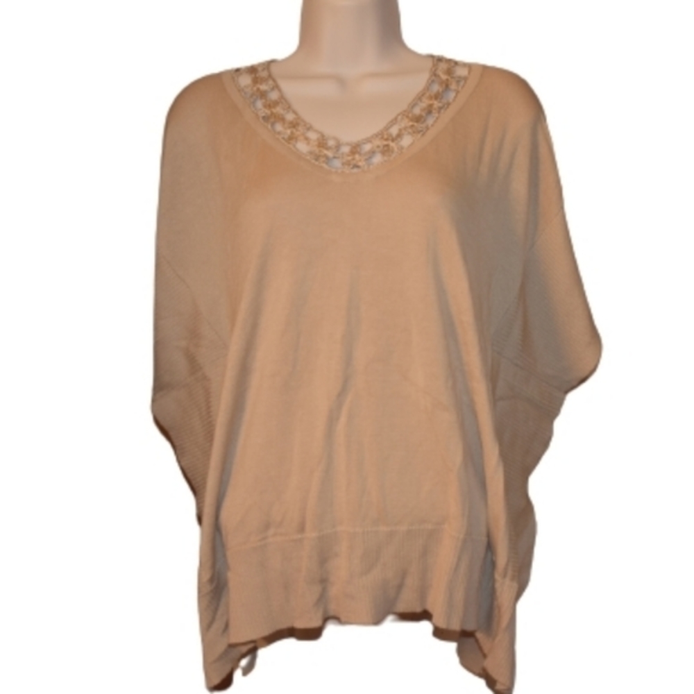 Cable & Gauge Knit Poncho Sweater Top Safari Tan S